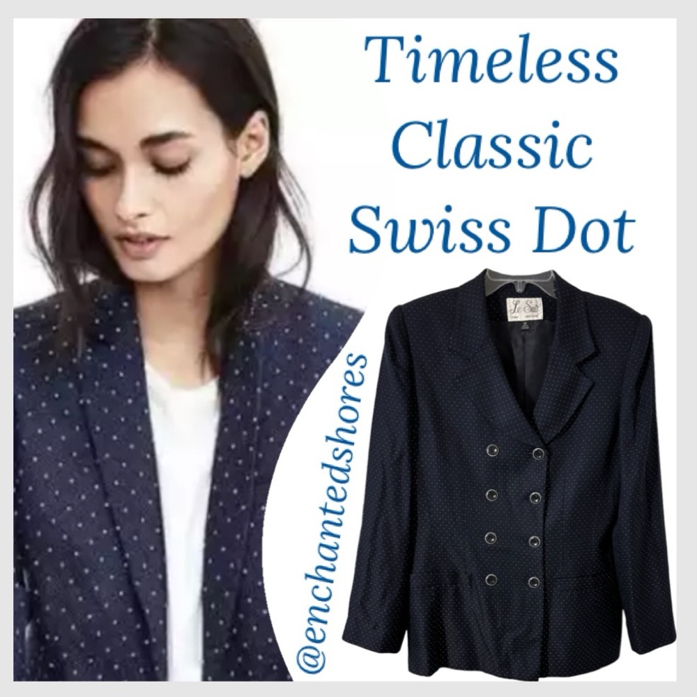Swiss Polka Dot Blazer Vintage Double Breasted Career Wear Le Suit Black Size 10